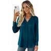 Zeagoo Women Satin Silk Blouses V Neck Long Sleeve Button Down Shirts Tops(Peacock Blue)
