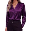 Zeagoo Women Satin Silk Blouses V Neck Long Sleeve Button Down Shirts Tops(Purple)