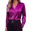 Zeagoo Women Satin Silk Blouses V Neck Long Sleeve Button Down Shirts Tops(Rose Red)