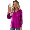 Zeagoo Women Satin Silk Blouses V Neck Long Sleeve Button Down Shirts Tops(Rose Red)