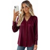 Zeagoo Women Satin Silk Blouses V Neck Long Sleeve Button Down Shirts Tops(Wine Red)