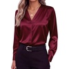 Zeagoo Women Satin Silk Blouses V Neck Long Sleeve Button Down Shirts Tops(Wine Red)