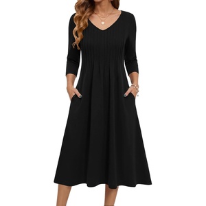 Zeagoo 3/4 Sleeve Women’s Dress Pleated Midi Casual Dresses with Pockets(Black)