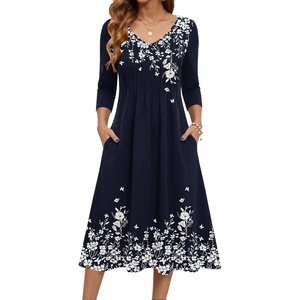 Zeagoo 3/4 Sleeve Women’s Dress Pleated Midi Casual Dresses with Pockets(Blue Print)