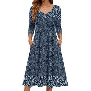 Zeagoo 3/4 Sleeve Women’s Dress Pleated Midi Casual Dresses with Pockets(Blue Small Floral)