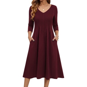 Zeagoo 3/4 Sleeve Women’s Dress Pleated Midi Casual Dresses with Pockets(Red)