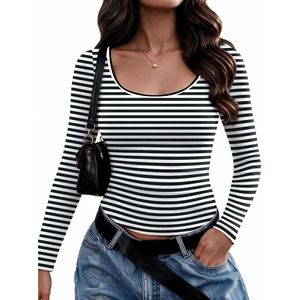 Zeagoo Long Sleeve Shirts for Women Going Out Tops Fall Scoop Neck Tshirts(Black White Stripe)