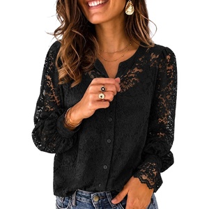 Zeagoo Long Sleeve Shirts for Women Lace Top Button Up Blouse Dressy Casual(Black)