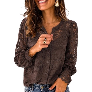 Zeagoo Long Sleeve Shirts for Women Lace Top Button Up Blouse Dressy Casual(Brown)