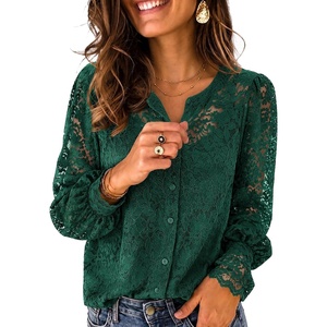 Zeagoo Long Sleeve Shirts for Women Lace Top Button Up Blouse Dressy Casual(Green)