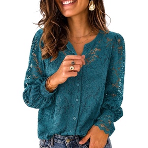 Zeagoo Long Sleeve Shirts for Women Lace Top Button Up Blouse Dressy Casual(Lake Blue)