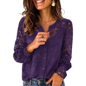 Zeagoo Long Sleeve Shirts for Women Lace Top Button Up Blouse Dressy Casual(Purple)