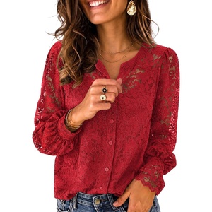 Zeagoo Long Sleeve Shirts for Women Lace Top Button Up Blouse Dressy Casual(Red)
