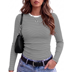 Zeagoo Women Long Sleeve Shirts Ribbed Tops Crewneck Basic Tee(Black White Stripe)