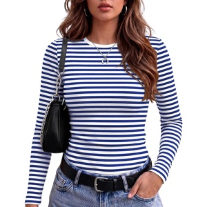 Zeagoo Women Long Sleeve Shirts Ribbed Tops Crewneck Basic Tee(Blue Stripe)