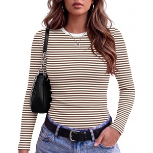 Zeagoo Women Long Sleeve Shirts Ribbed Tops Crewneck Basic Tee(Brown White Stripe)