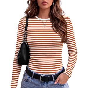 Zeagoo Women Long Sleeve Shirts Ribbed Tops Crewneck Basic Tee(Orange Stripe)