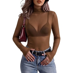 Zeagoo Women Mesh Sheer Top Long Sleeve Sexy Shirt Slim Fitted Fall Clothes(Brown)
