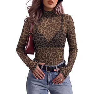 Zeagoo Women Mesh Sheer Top Long Sleeve Sexy Shirt Slim Fitted Fall Clothes(Brown Leopard-an658)