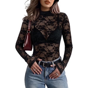 Zeagoo Women Mesh Sheer Top Long Sleeve Sexy Shirt Slim Fitted Fall Clothes(Lace Black)