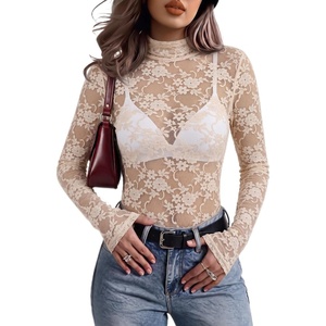 Zeagoo Women Mesh Sheer Top Long Sleeve Sexy Shirt Slim Fitted Fall Clothes(Lace Champagne)