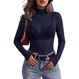 Zeagoo Women Mesh Sheer Top Long Sleeve Sexy Shirt Slim Fitted Fall Clothes(Navy)
