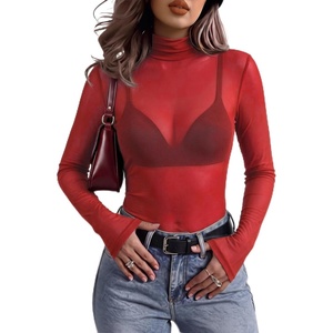 Zeagoo Women Mesh Sheer Top Long Sleeve Sexy Shirt Slim Fitted Fall Clothes(Red)