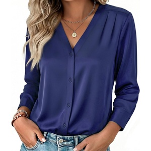 Zeagoo Women Satin Silk Blouses V Neck Long Sleeve Button Down Shirts Tops(Dark Blue)