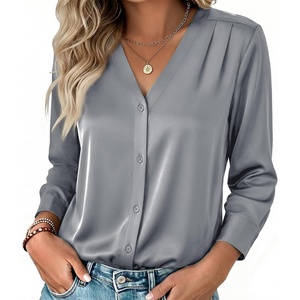 Zeagoo Women Satin Silk Blouses V Neck Long Sleeve Button Down Shirts Tops(Gray)