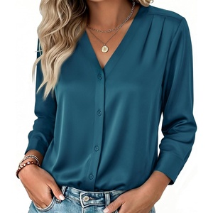 Zeagoo Women Satin Silk Blouses V Neck Long Sleeve Button Down Shirts Tops(Peacock Blue)