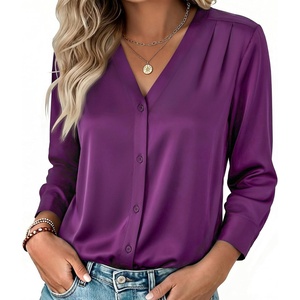 Zeagoo Women Satin Silk Blouses V Neck Long Sleeve Button Down Shirts Tops(Purple)