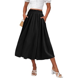 Zeagoo Women’s Midi Skirts High Waisted Pleated A-Line Swing Skirts Summer Long Skirts with Pockets(Black)