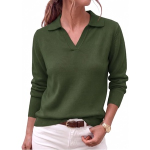 Zeagoo Womens Sweaters Long Sleeve Polo V Neck Knitted Business Casual Tops(Army Green)
