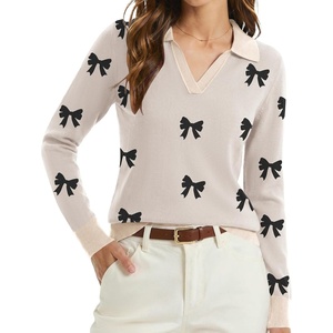 Zeagoo Womens Sweaters Long Sleeve Polo V Neck Knitted Business Casual Tops(Bow Apricot)