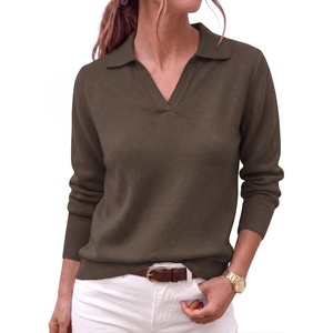 Zeagoo Womens Sweaters Long Sleeve Polo V Neck Knitted Business Casual Tops(Brown)