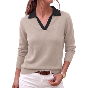 Zeagoo Womens Sweaters Long Sleeve Polo V Neck Knitted Business Casual Tops(Khaki Black)