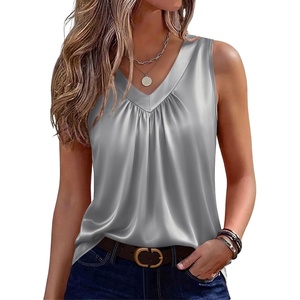 Zeagoo Womens Tank Tops Satin Silk Sleeveless Tops V Neck Pleated Shirts(Gray)