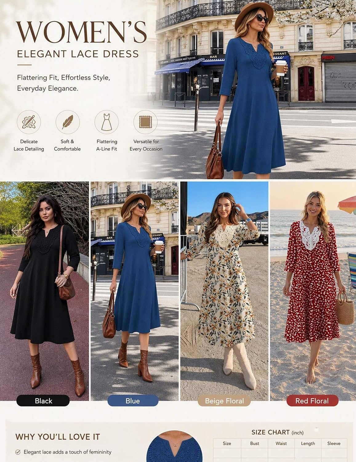 image:imageZeagoo 34 Sleeve Dress for Women Midi Dresses V Neck Lace Casual SundressLittle Brown Flower