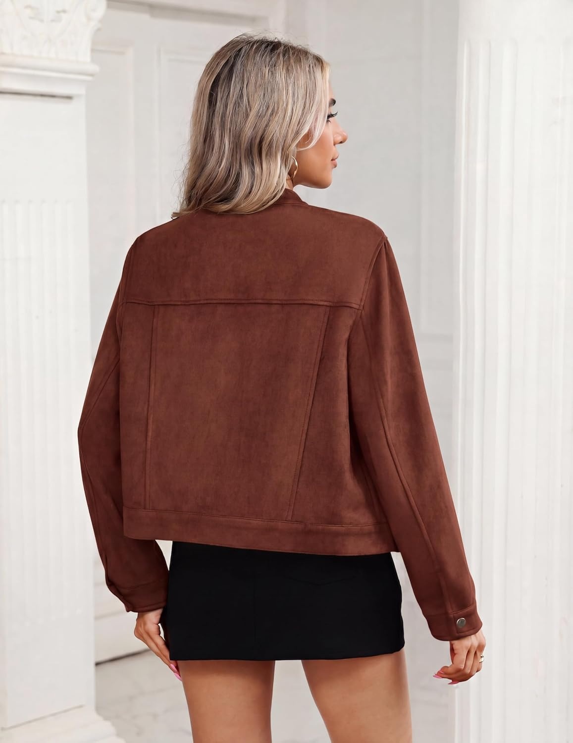 image:imageZeagoo Faux Suede Cropped Jackets for Women Trendy Fall Shackets CoatsBrown