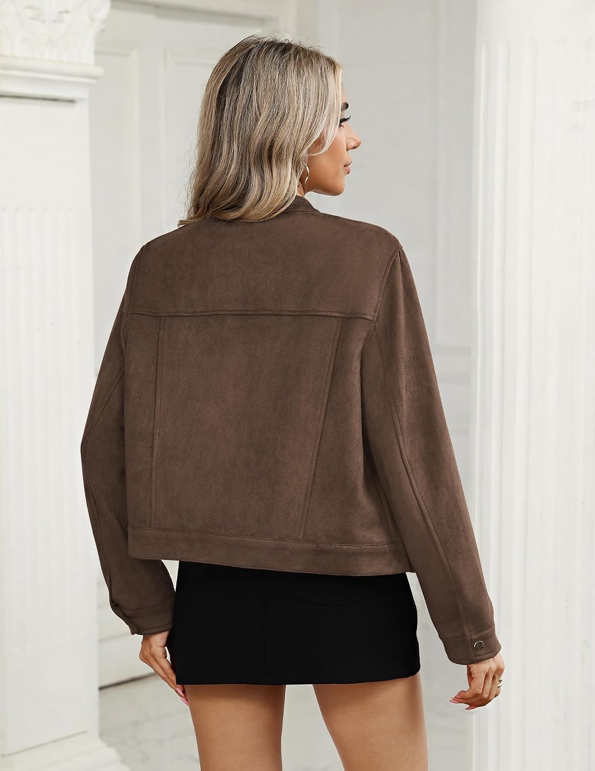 image:imageZeagoo Faux Suede Cropped Jackets for Women Trendy Fall Shackets CoatsChocolate Brown