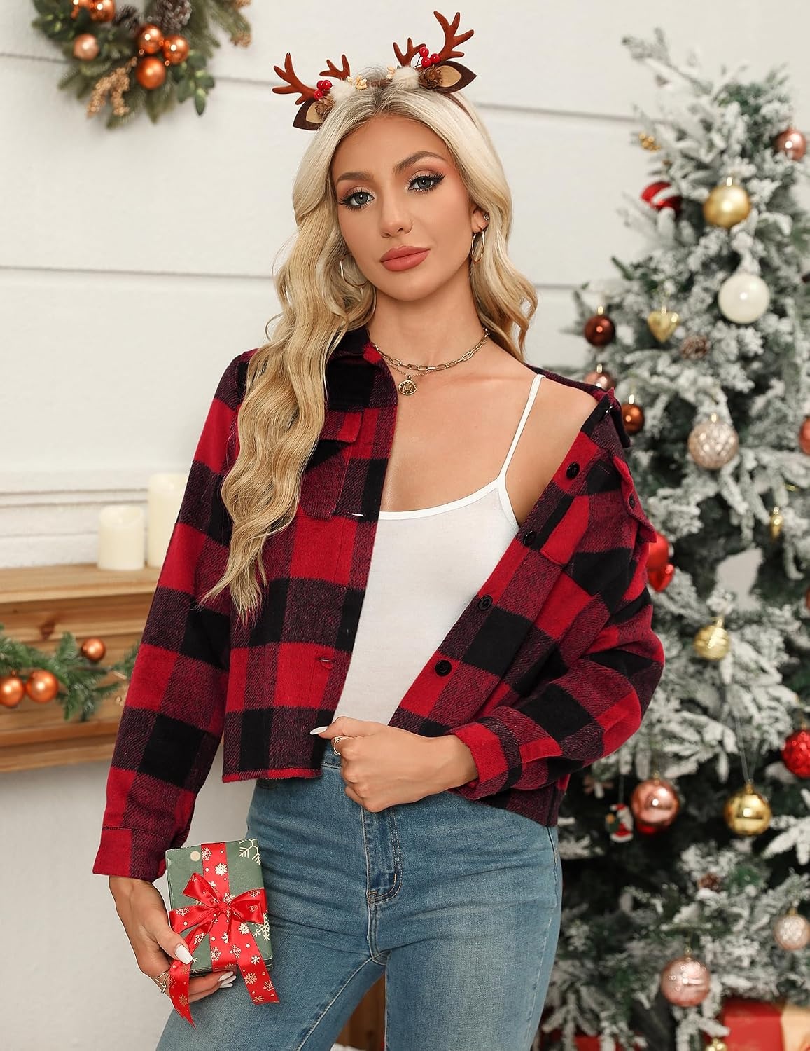image:imageZeagoo Flannels for Women Cropped Shacket Jacket Fashion Plaid Fall CoatZgw18