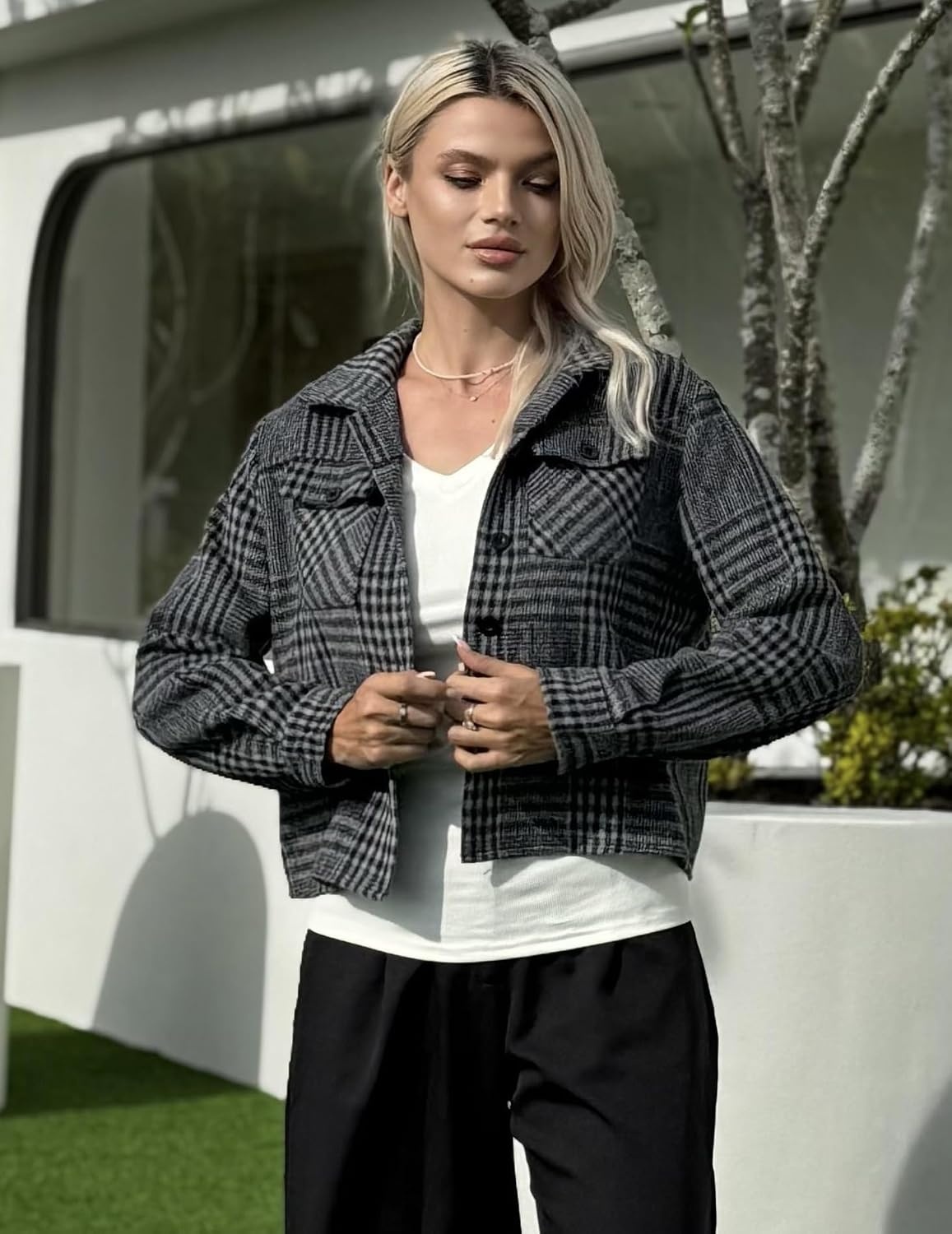 image:imageZeagoo Flannels for Women Cropped Shacket Jacket Fashion Plaid Fall CoatZgw414