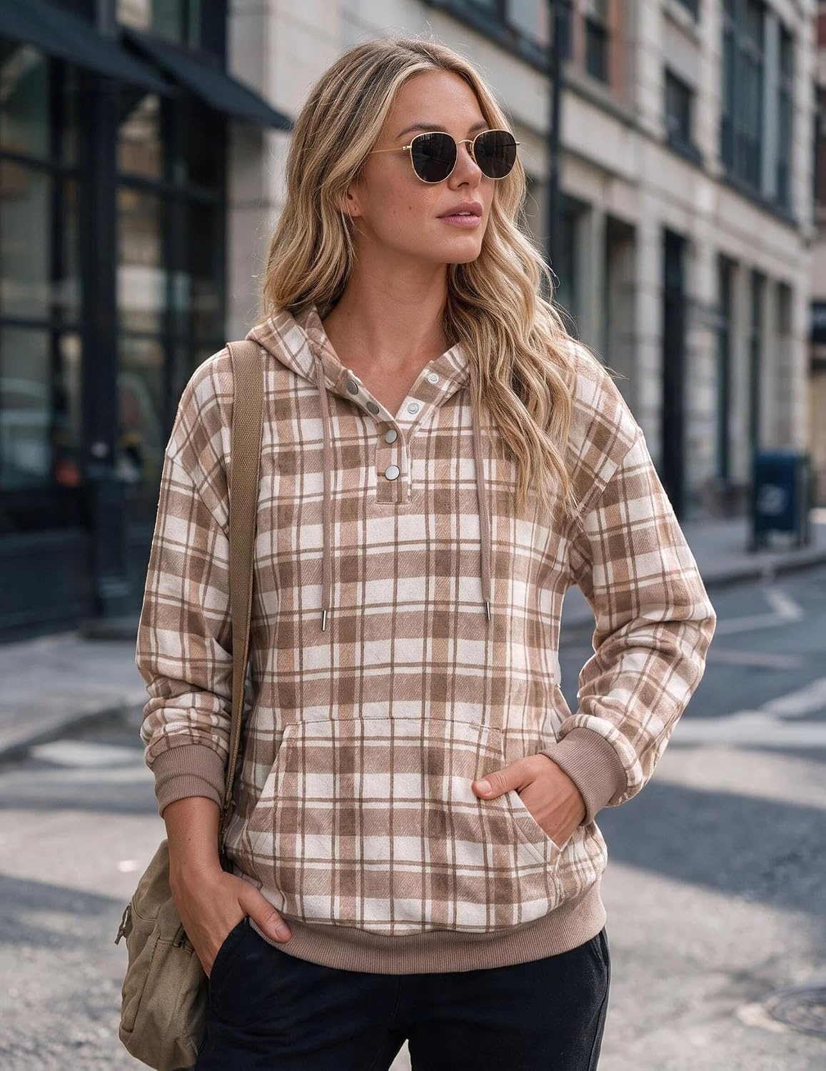 image:imageZeagoo Hoodies for Women Casual Button Sweatshirt Oversized Fall ClothesBrown Plaid