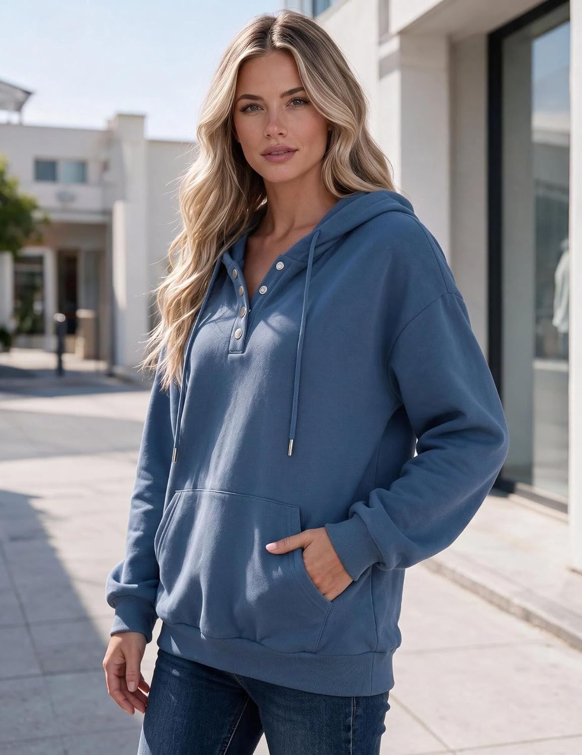 image:imageZeagoo Hoodies for Women Casual Button Sweatshirt Oversized Fall ClothesGray Blue