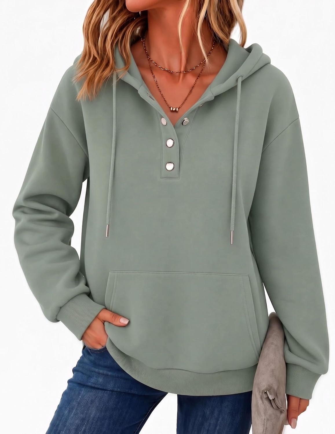 image:imageZeagoo Hoodies for Women Casual Button Sweatshirt Oversized Fall ClothesGray Green
