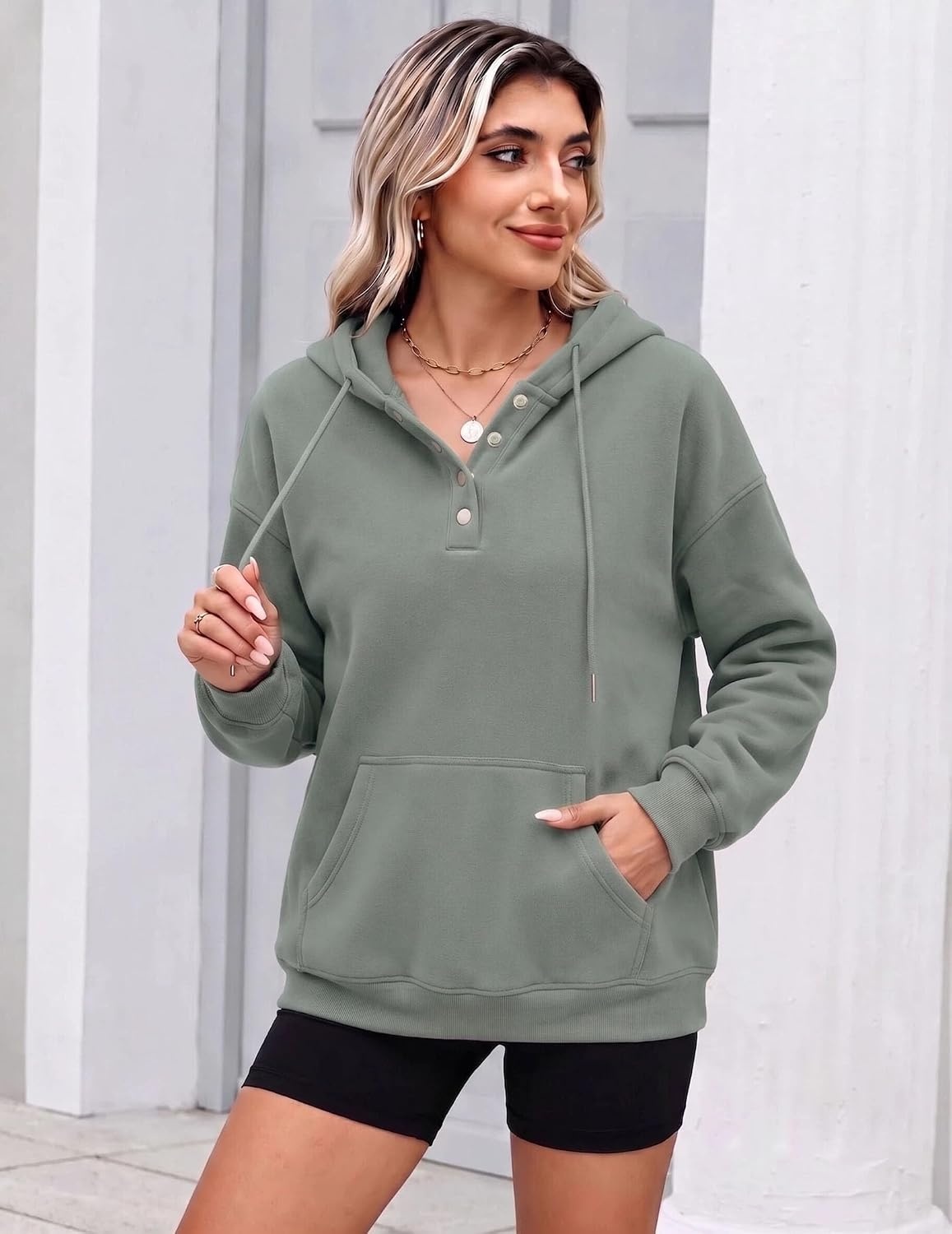 image:imageZeagoo Hoodies for Women Casual Button Sweatshirt Oversized Fall ClothesGray Green