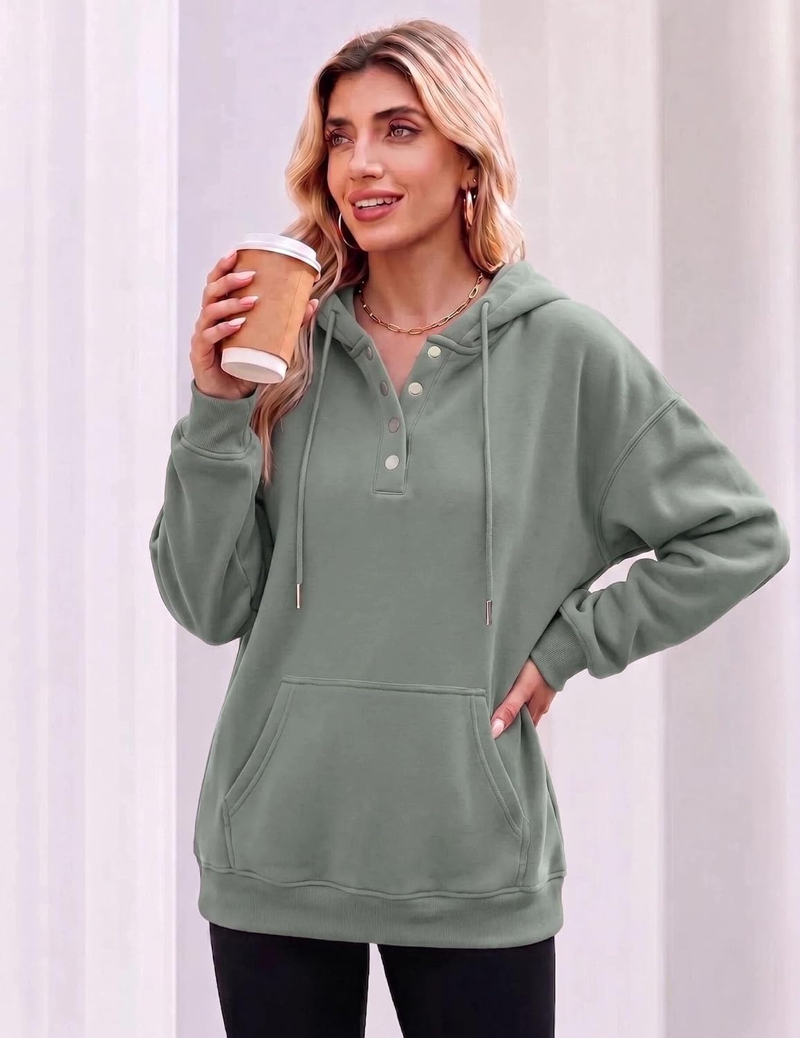 image:imageZeagoo Hoodies for Women Casual Button Sweatshirt Oversized Fall ClothesGray Green
