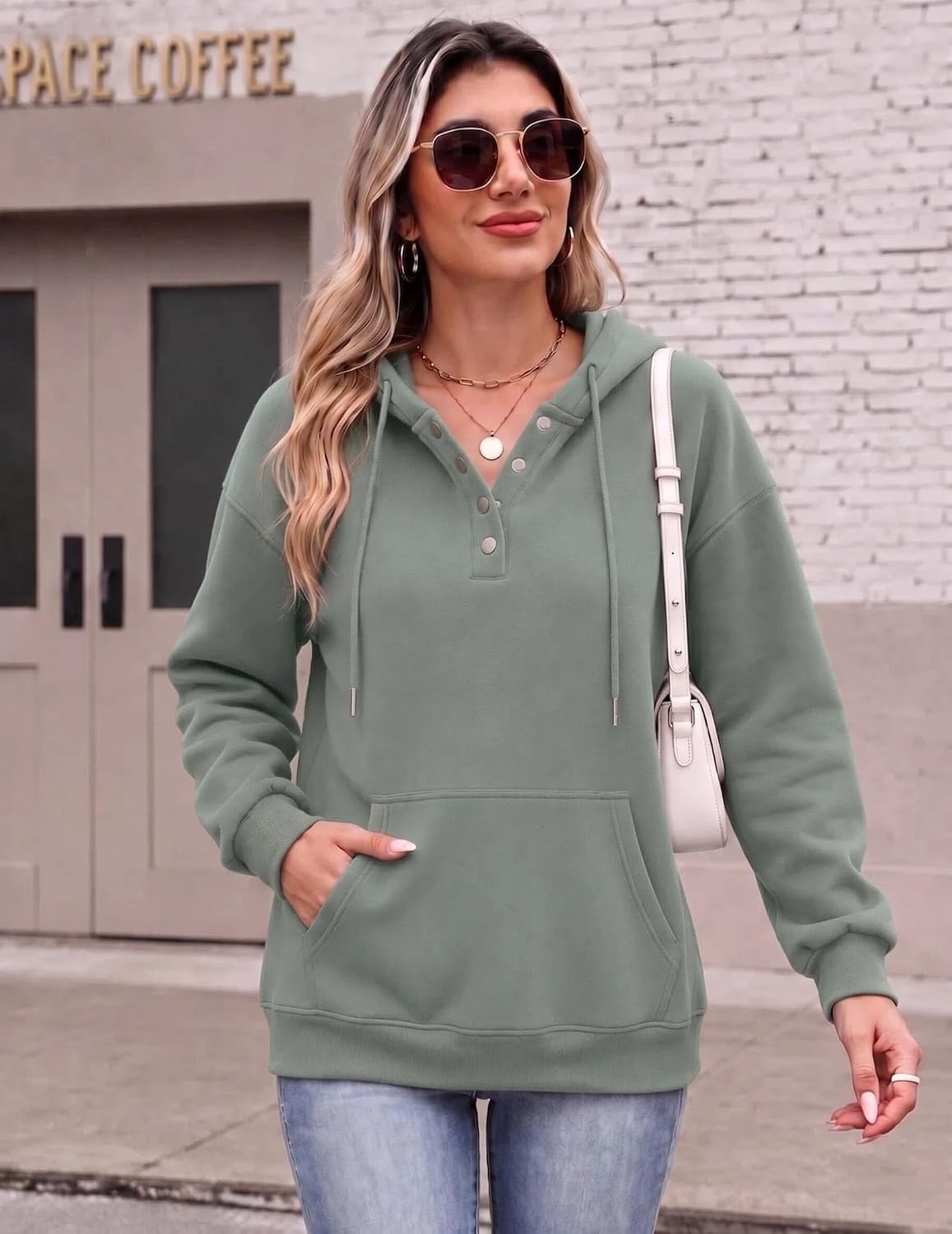 image:imageZeagoo Hoodies for Women Casual Button Sweatshirt Oversized Fall ClothesGray Green