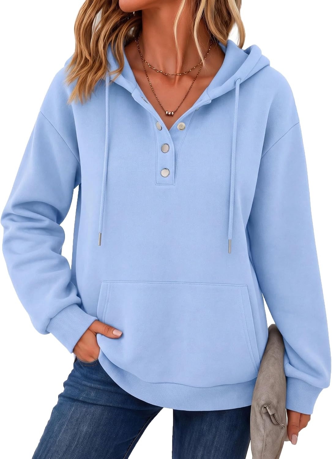 image:imageZeagoo Hoodies for Women Casual Button Sweatshirt Oversized Fall ClothesLight Blue