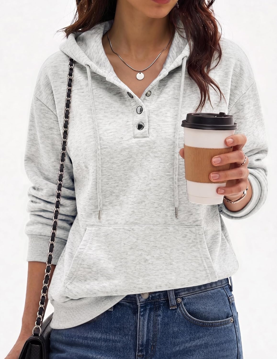 image:imageZeagoo Hoodies for Women Casual Button Sweatshirt Oversized Fall ClothesWhite Grey